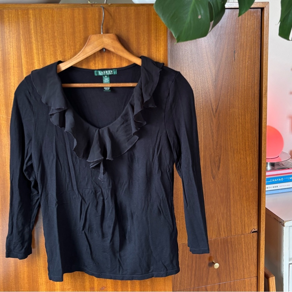 Lauren Ralph Lauren Black Long Sleeve Ruffle V-Neck Top